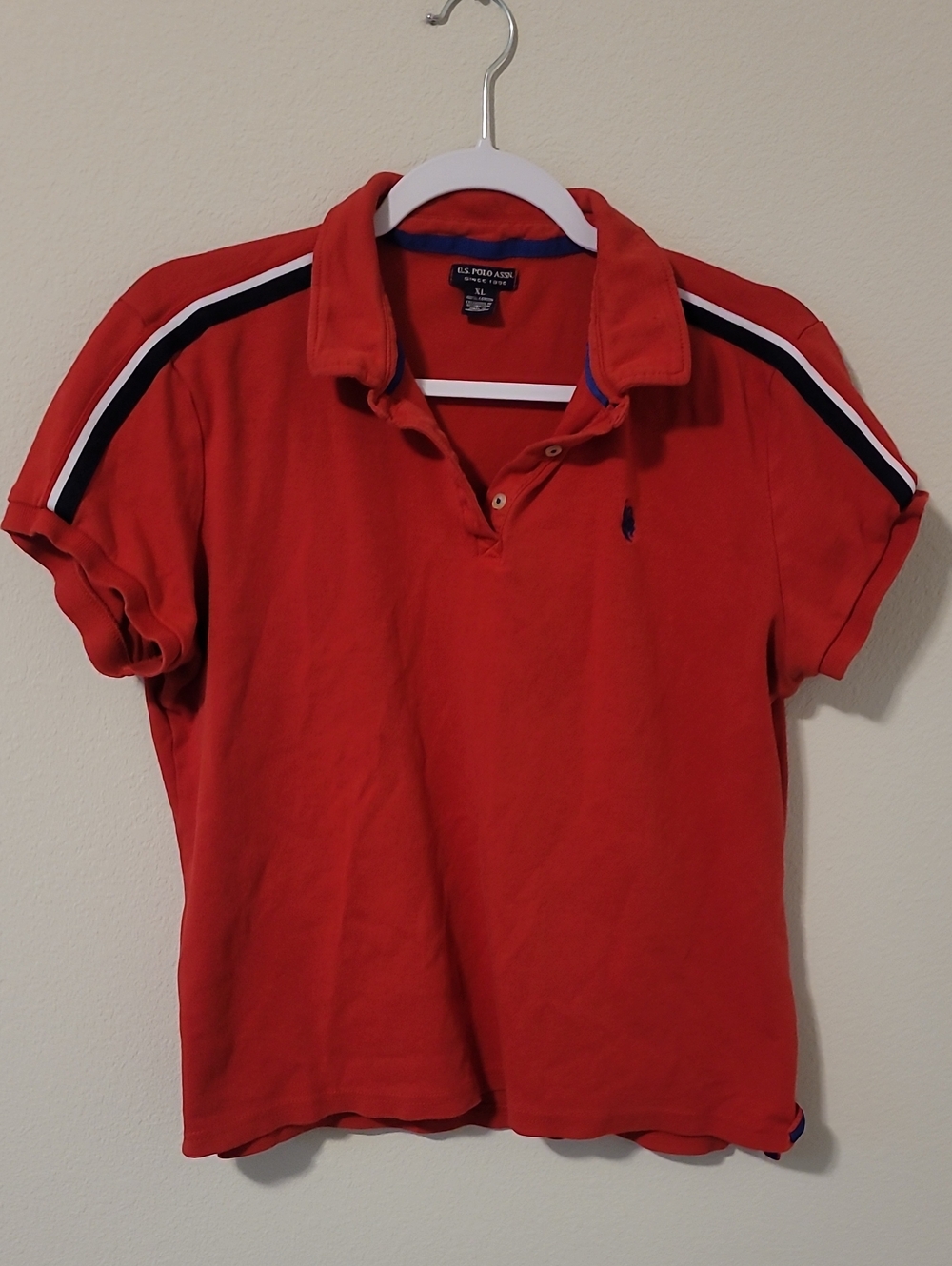 U.S. Polo Assn. Boys Red Polo with Navy & White Shoulder Stripes